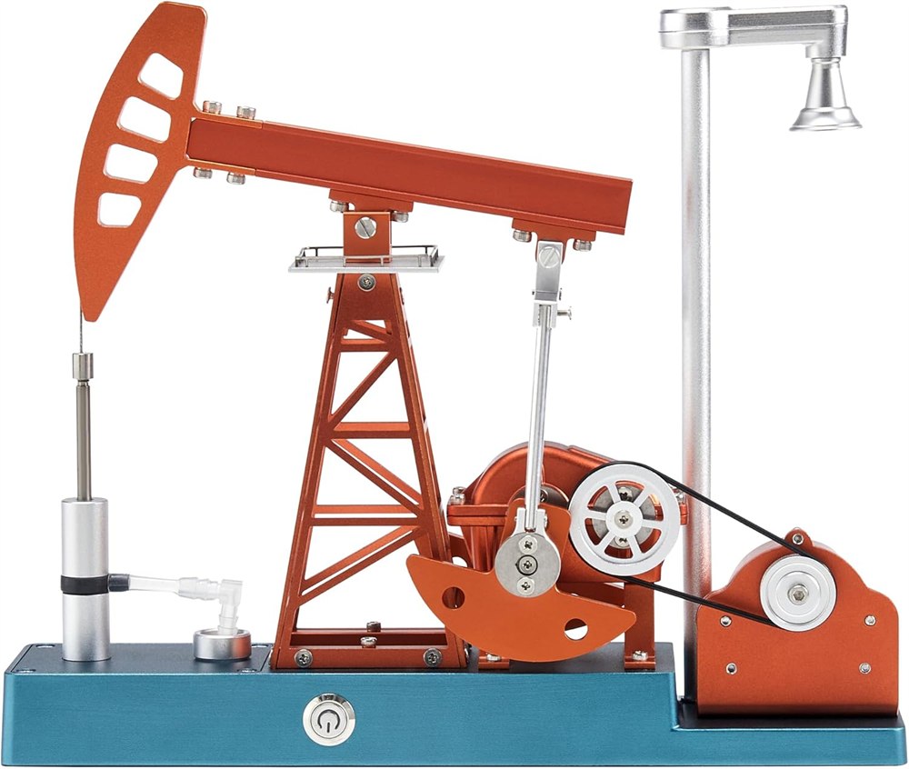 TECHING DM601 orange metal oil pump jack with exposed belt drive and teal base