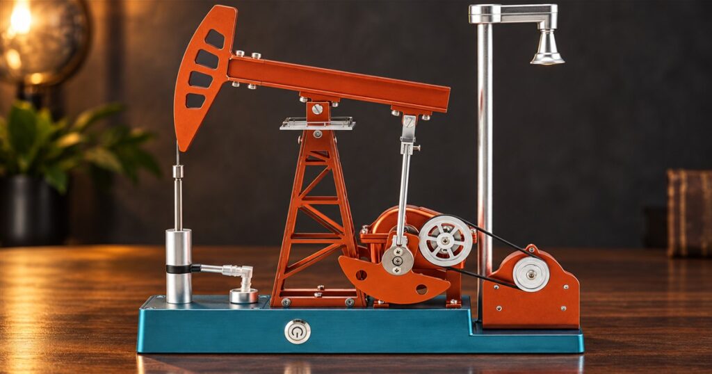 Motorized metal oil pump jack model on a wooden desk