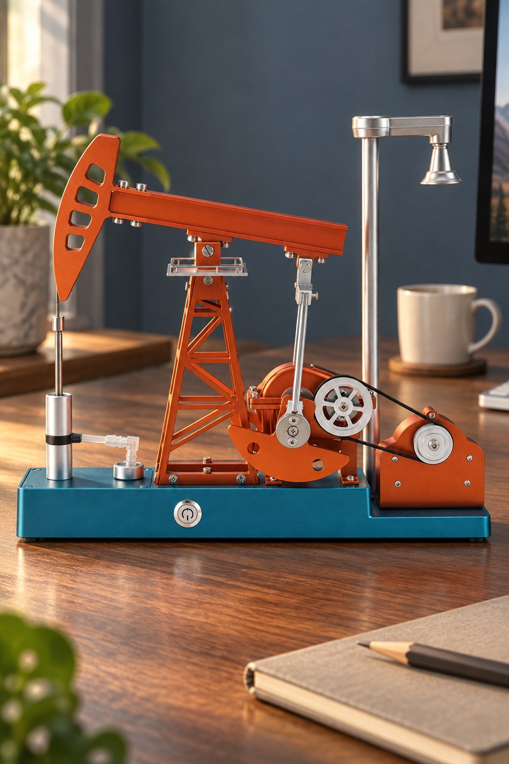 Assembled orange TECHING oil pump jack model with exposed belt drive, teal base and silver lamp on a sunlit wooden desk.