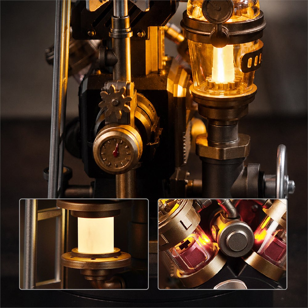 Close views of mechanical gears and illuminated chambers