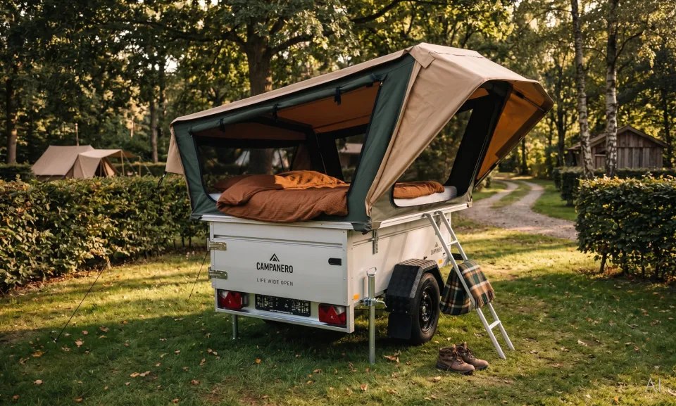Illustrative view of the Pah-Pah tent trailer open at a woodland campsite
