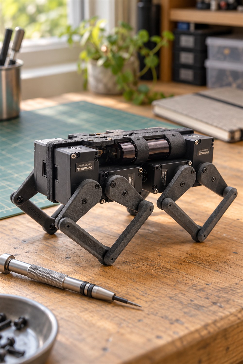 Q8botOne black quadruped robot with exposed batteries, actuators and open linkage legs on a wooden workbench beside a precision screwdriver.