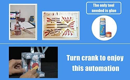 Seller illustration of paper kit sheets, glue, and crank operation
