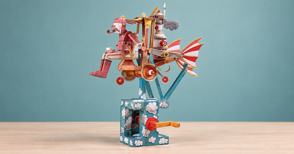 Flying Dreamer paper automaton with pilot and hand crank on a cloud-patterned base