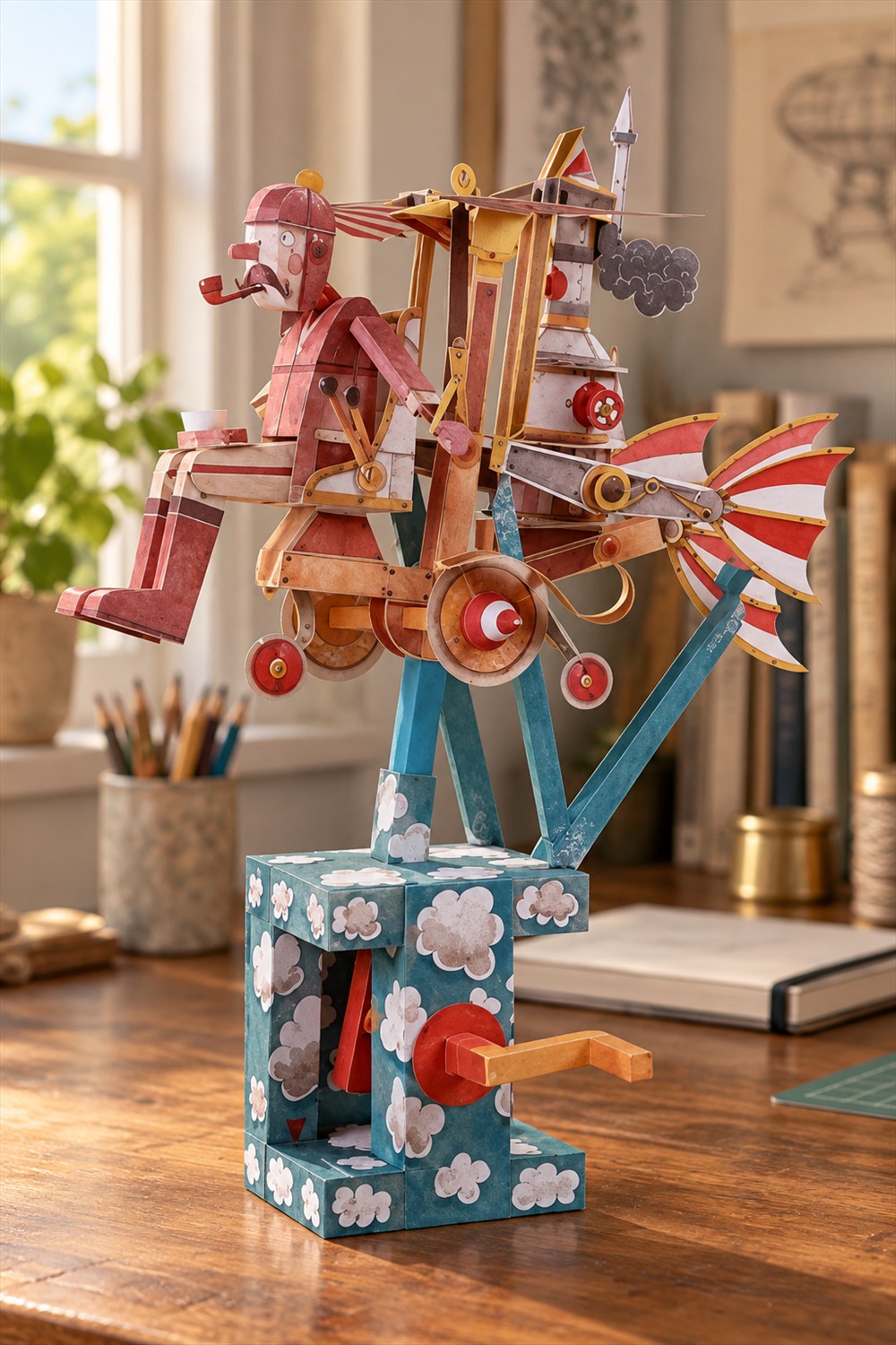 Assembled Flying Dreamer paper automaton with a pink seated pilot, striped tail, teal supports and cloud-patterned hand-crank base on a wooden desk.