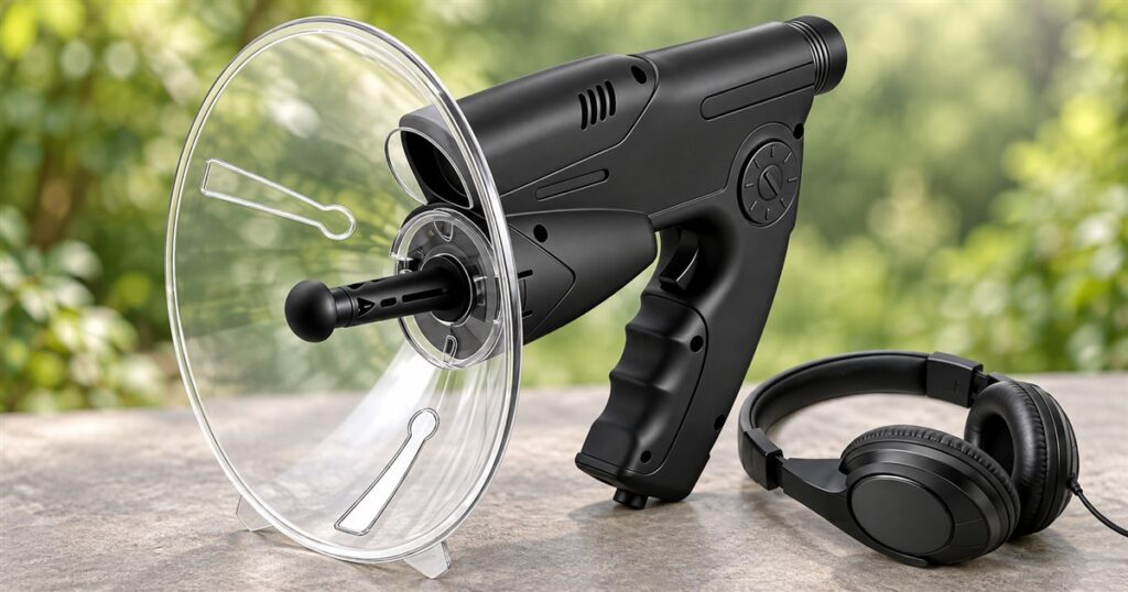 Parabolic listening kit with transparent dish and black headphones