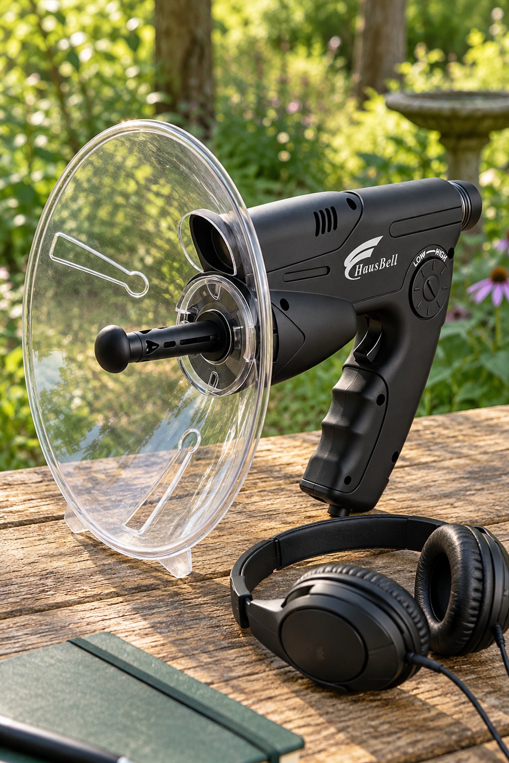 Black handheld parabolic listening device with a clear dish and integrated monocular beside wired headphones on a wooden garden table.