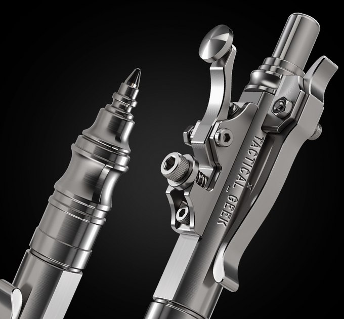 Gennai SL01 stainless-steel pen detail showing its stepped tip and telegraph-key mechanism