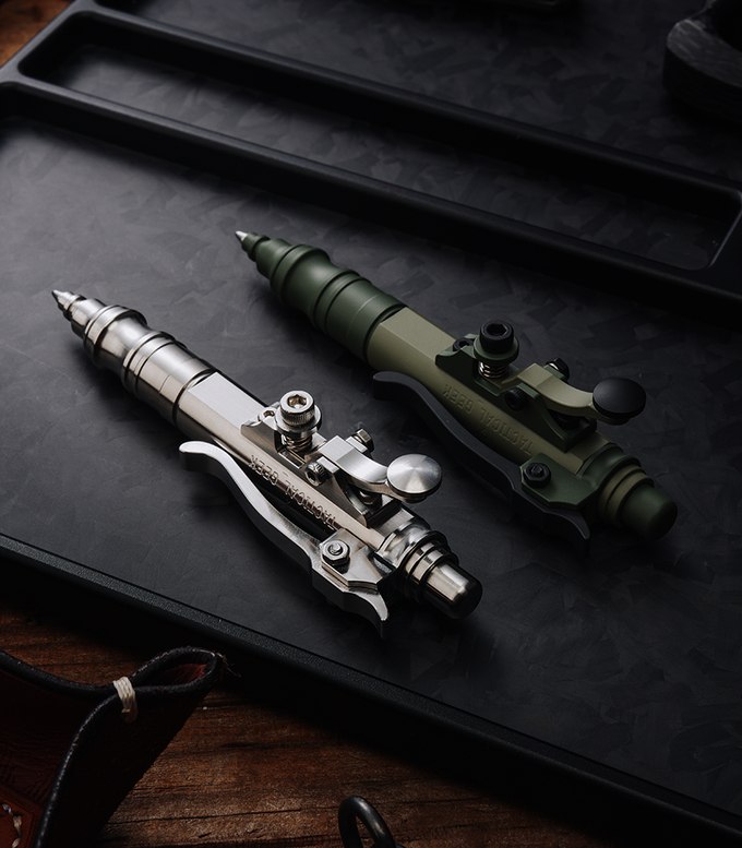 Natural stainless steel and green coated versions of the mechanical ballpoint pen