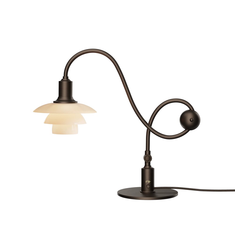 PH 1/1 Piano Table Lamp with looping brass stem and three glass shades