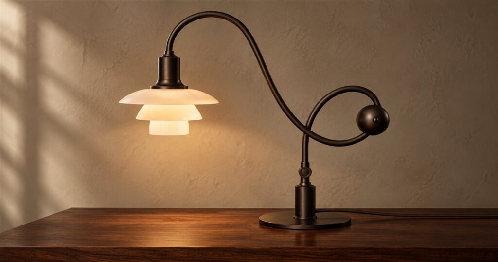 Editorial illustration of the looping brass piano table lamp on a walnut desk