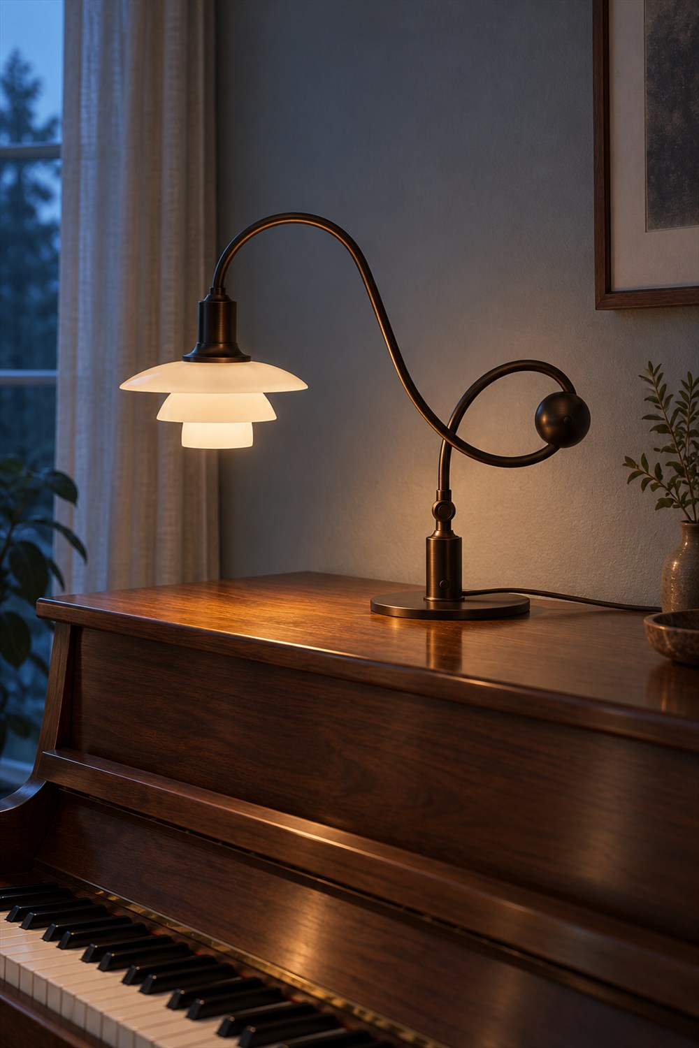 PH 1/1 Piano Table Lamp with three glowing glass shades, a looping dark brass arm and spherical counterweight on a walnut upright piano at dusk.