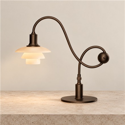 This Adjustable Piano Table Lamp Uses a Looping Brass Arm to Direct Its Glow