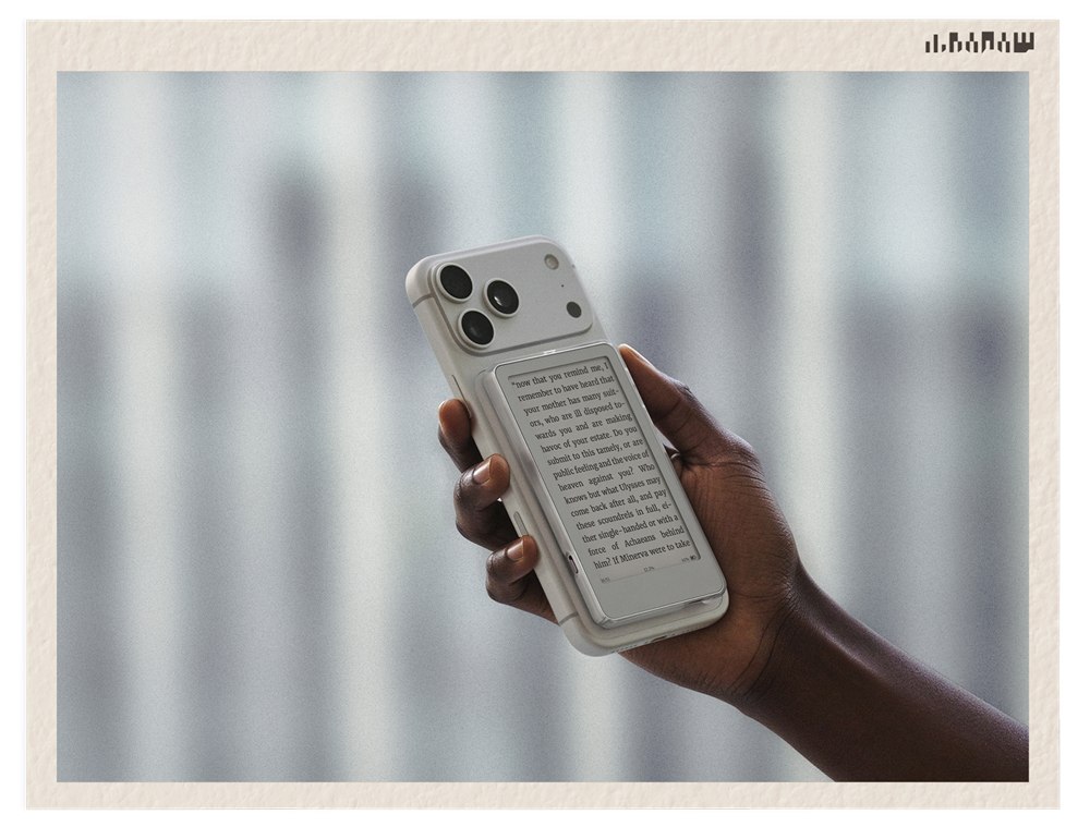 BOOX Picco in a magnetic case attached to the back of a phone