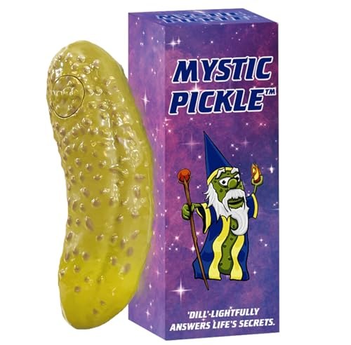 Mystic Pickle fortune-telling toy beside its purple retail box