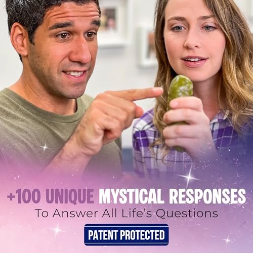 Two people demonstrating the handheld Mystic Pickle toy