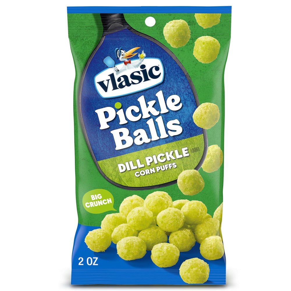 Vlasic original dill pickle corn puffs in a two-ounce green and blue bag
