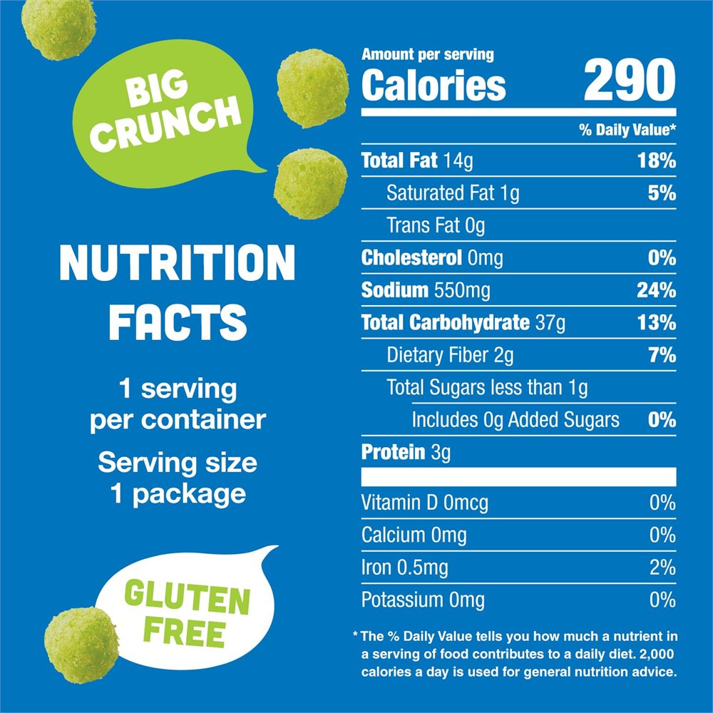 Nutrition information shown for the two-ounce bag of pickle corn puffs