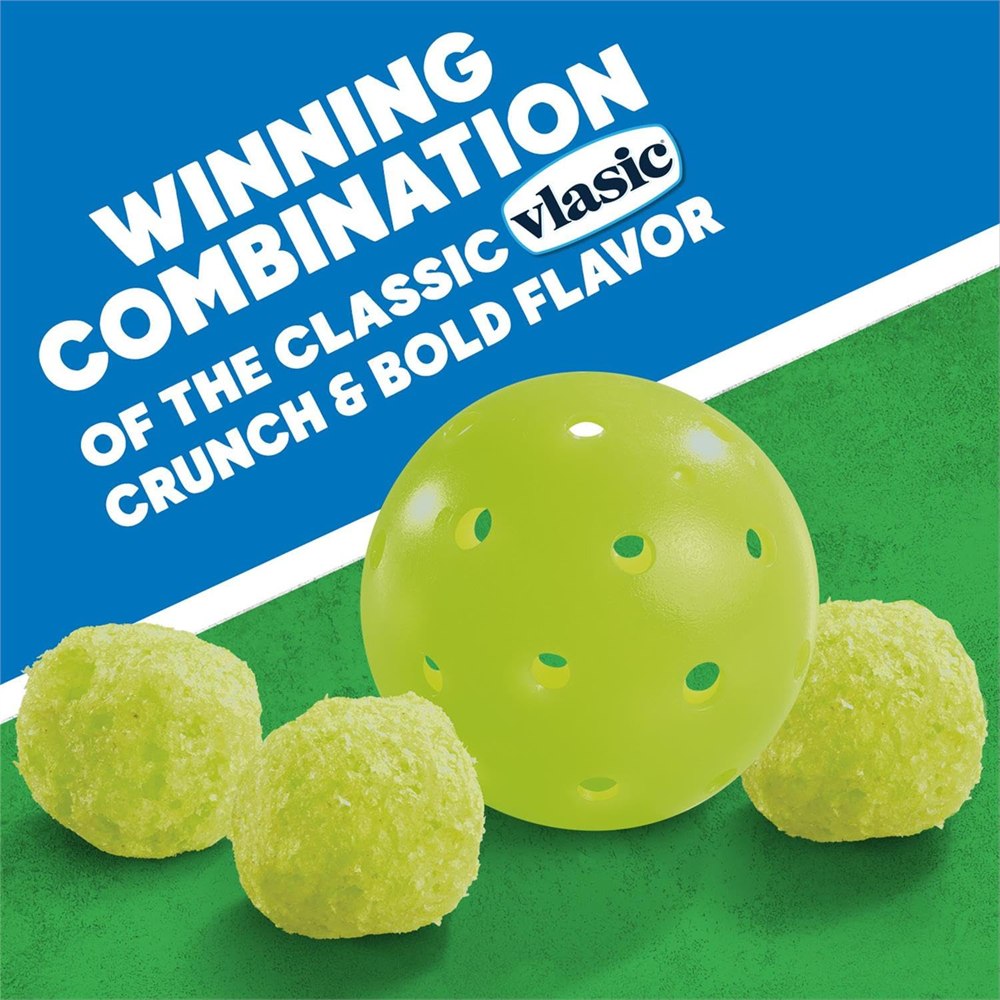 Green dill pickle corn puffs beside a pickleball in Vlasic promotional artwork