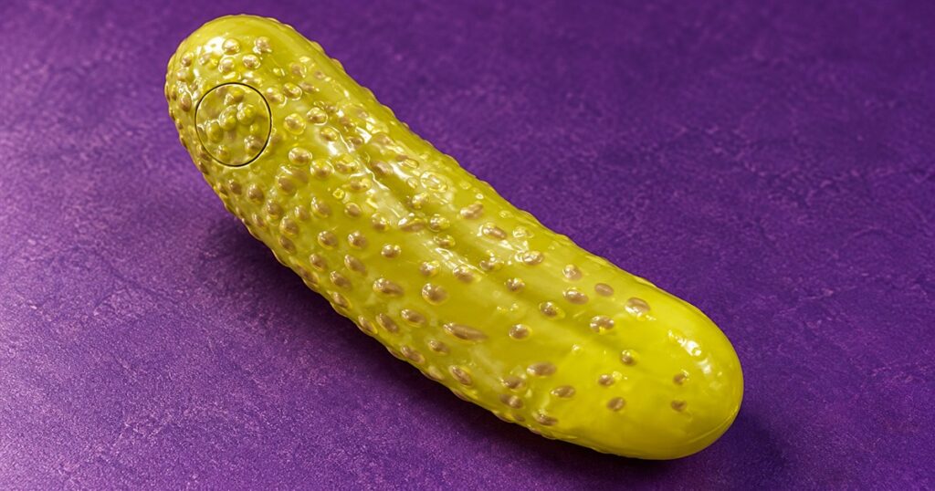 Green pickle-shaped fortune-telling toy with inset button on a purple background