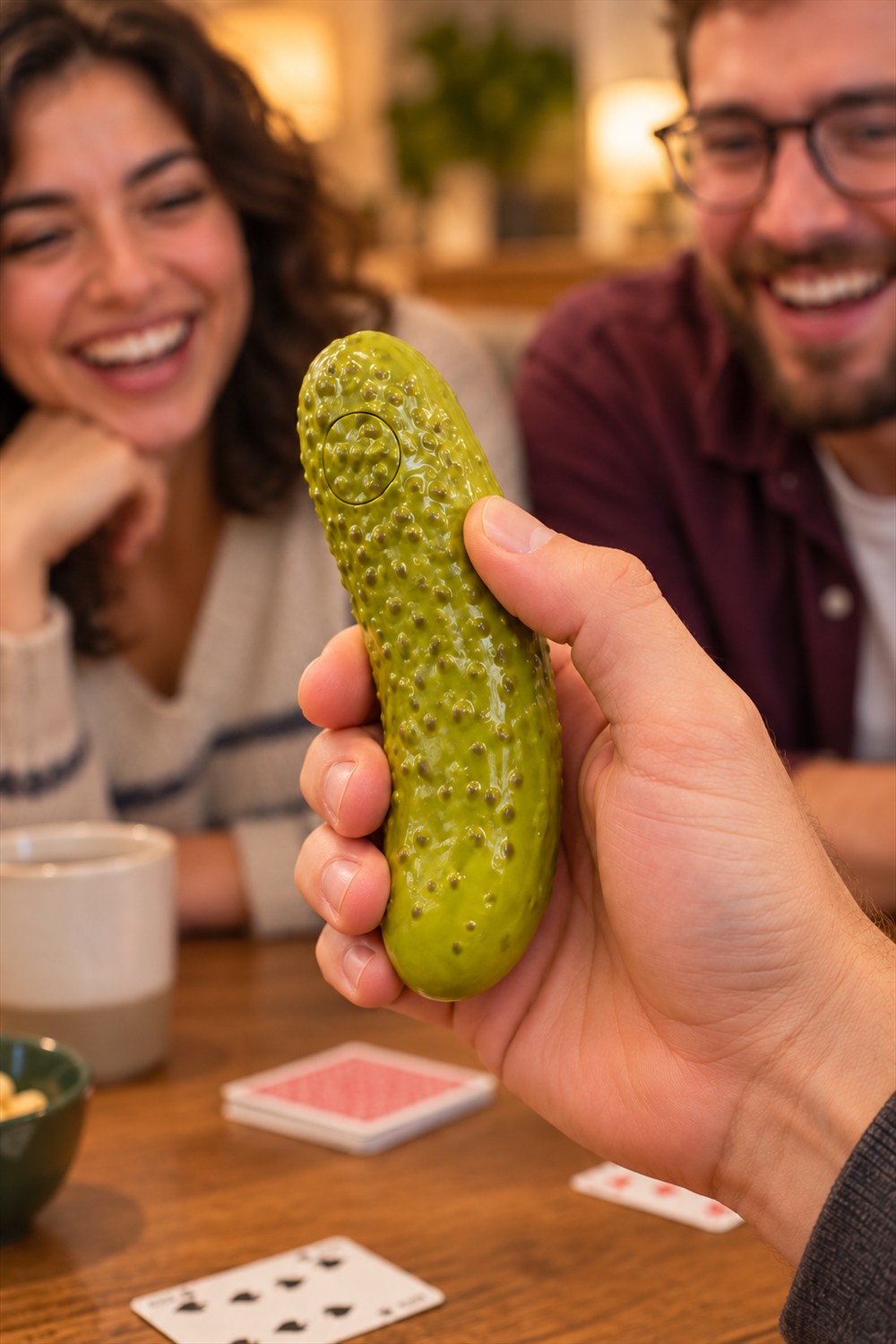 A hand holds the green Mystic Pickle fortune teller with its round button visible while two friends smile across a game-night table.