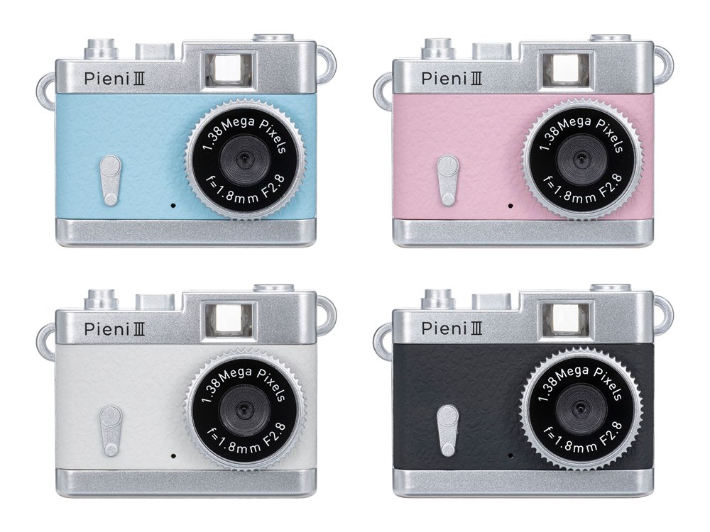 Pieni III miniature camera in Soda, Strawberry, Milk, and Black finishes