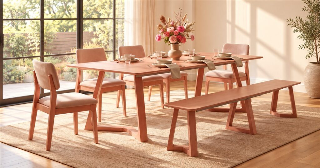 Pink expandable dining table with bench and blush chairs