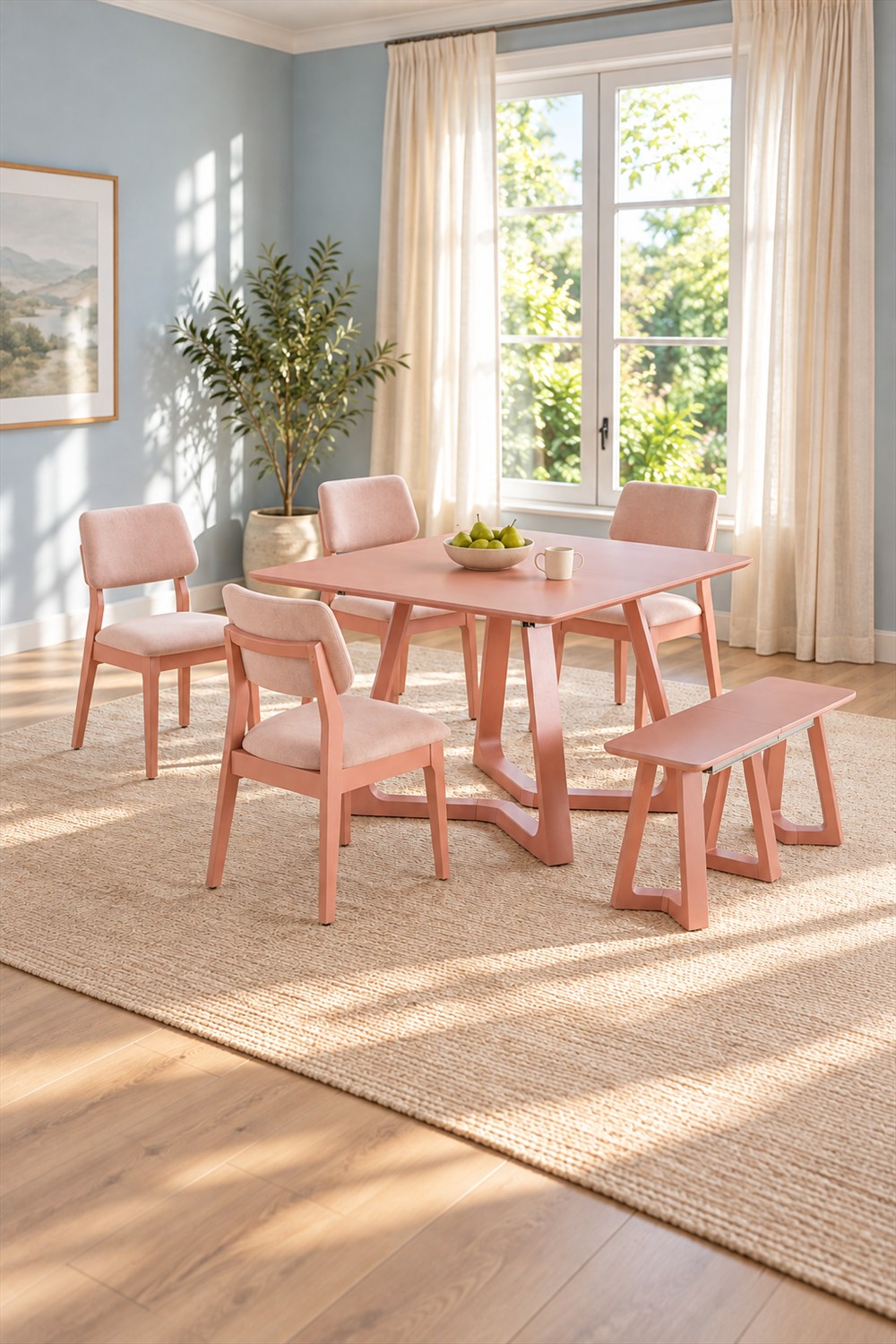 AI-generated lifestyle visualization of the rosy pink NOVA table in its compact configuration, matching bench, and four blush upholstered chairs in a sunlit blue dining room.