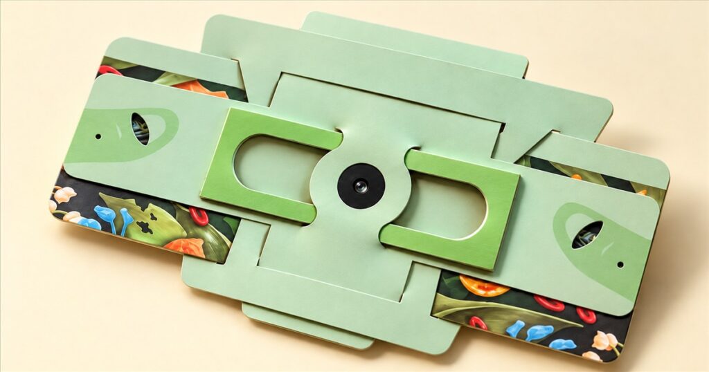Foldscope 2.0 mint green folded pocket microscope on a cream background