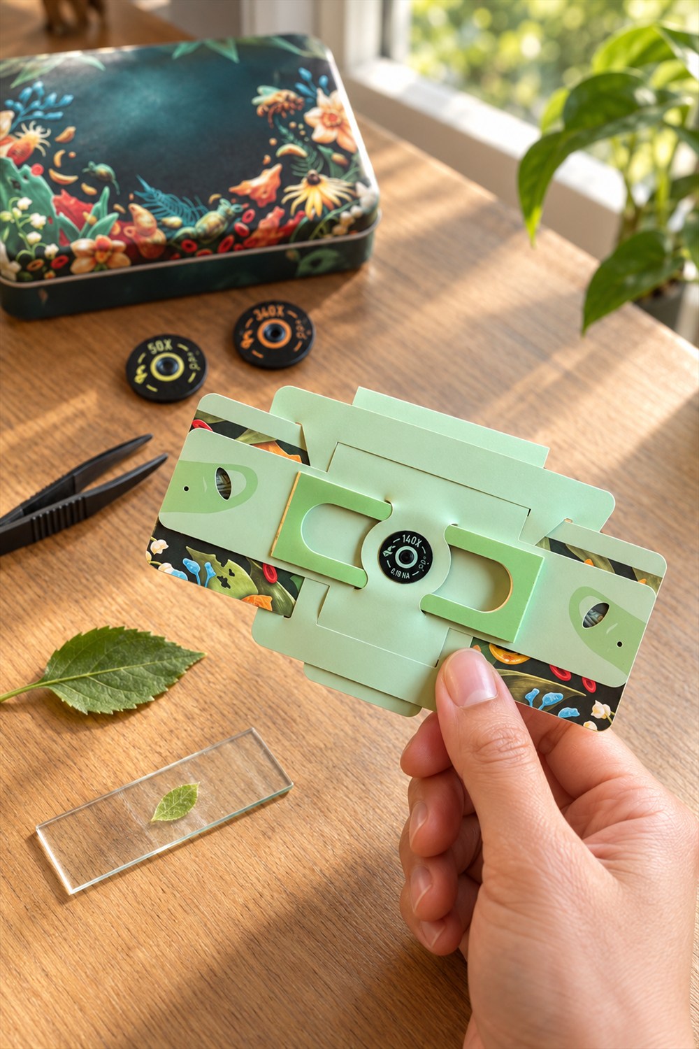 Hand holding a mint-green Foldscope microscope above a wooden table with spare lenses, a botanical carrying tin, tweezers and a leaf sample on a glass slide.
