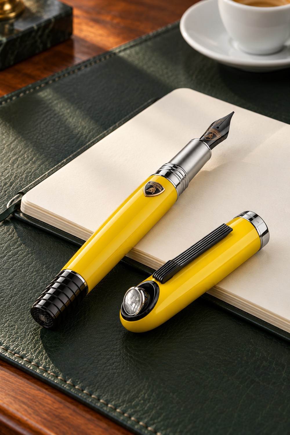 AI-generated view of the yellow Montegrappa Miura fountain pen and its detached cap with raised crystal headlight, resting on an ivory notebook and green leather desk mat.
