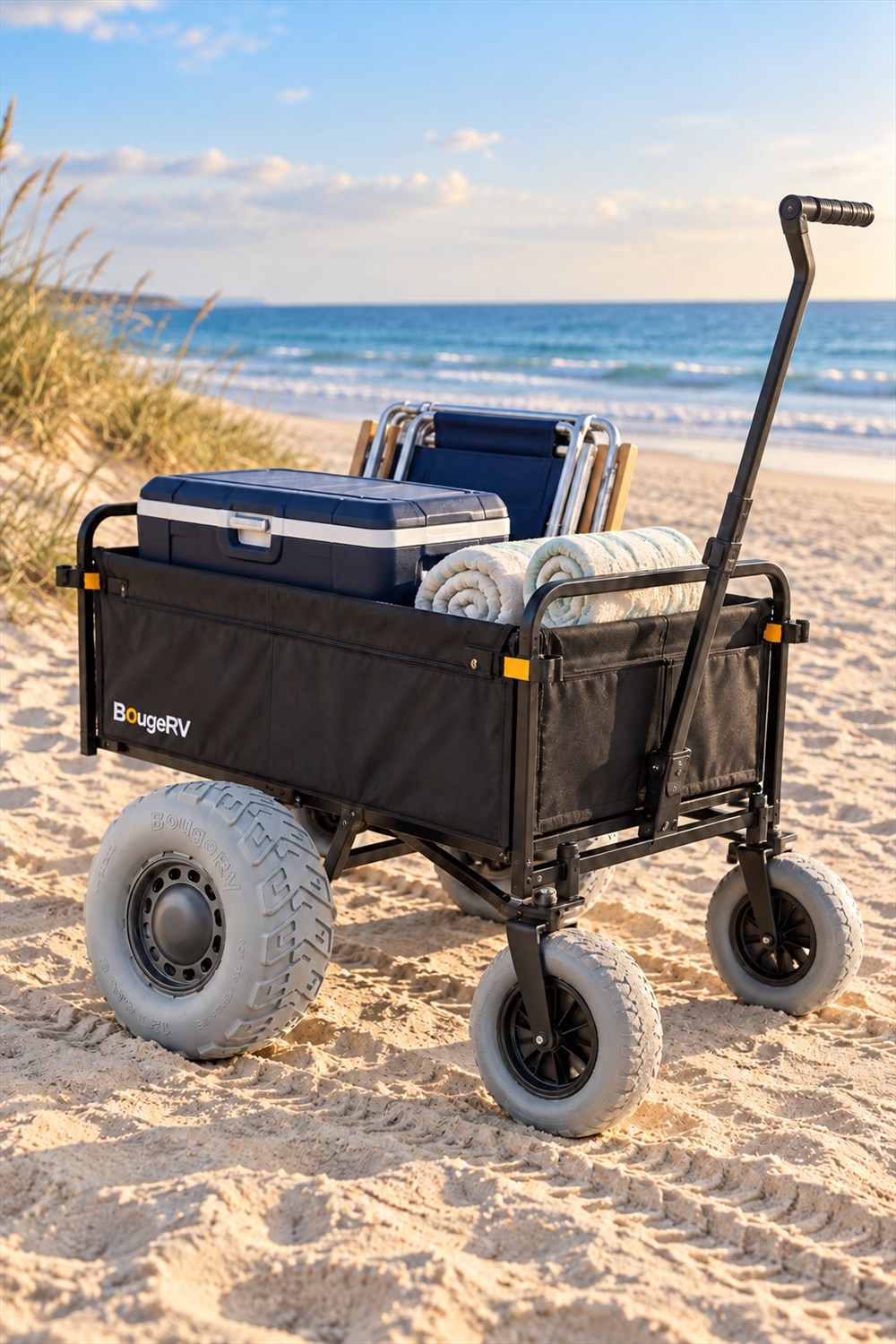Black BougeRV DuneRover beach wagon with wide gray drive tires and smaller front casters, loaded with a cooler, towels and folded chairs on dry sand beside the ocean.