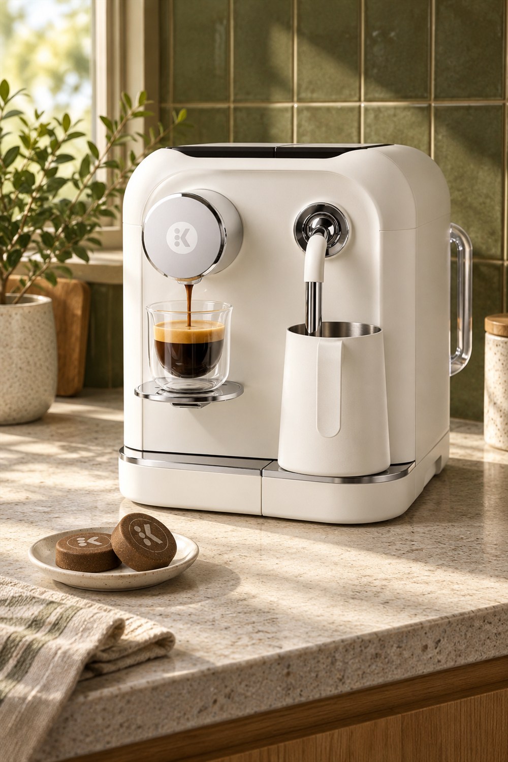 Sandstone Keurig Alta brewing espresso into a clear glass beside its milk pitcher, with two pressed coffee rounds on a kitchen counter.