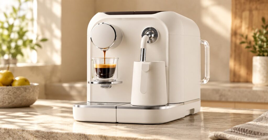 Cream coffee and espresso brewer with integrated milk wand and pitcher