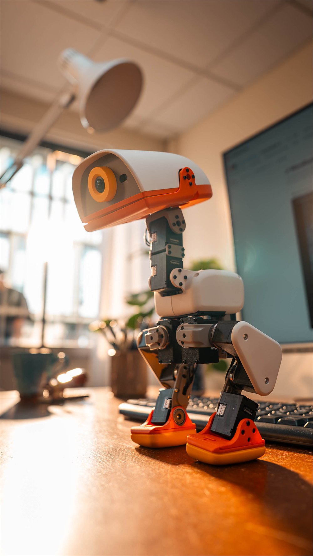 Close view of a cream and orange Microduck robot on a desk