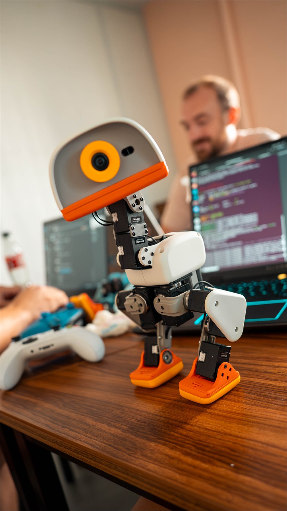 Microduck standing in front of a person working at a computer