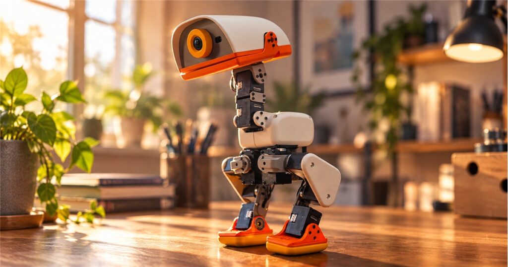 Editorial illustration of a cream and orange Microduck robot standing on a wooden desk