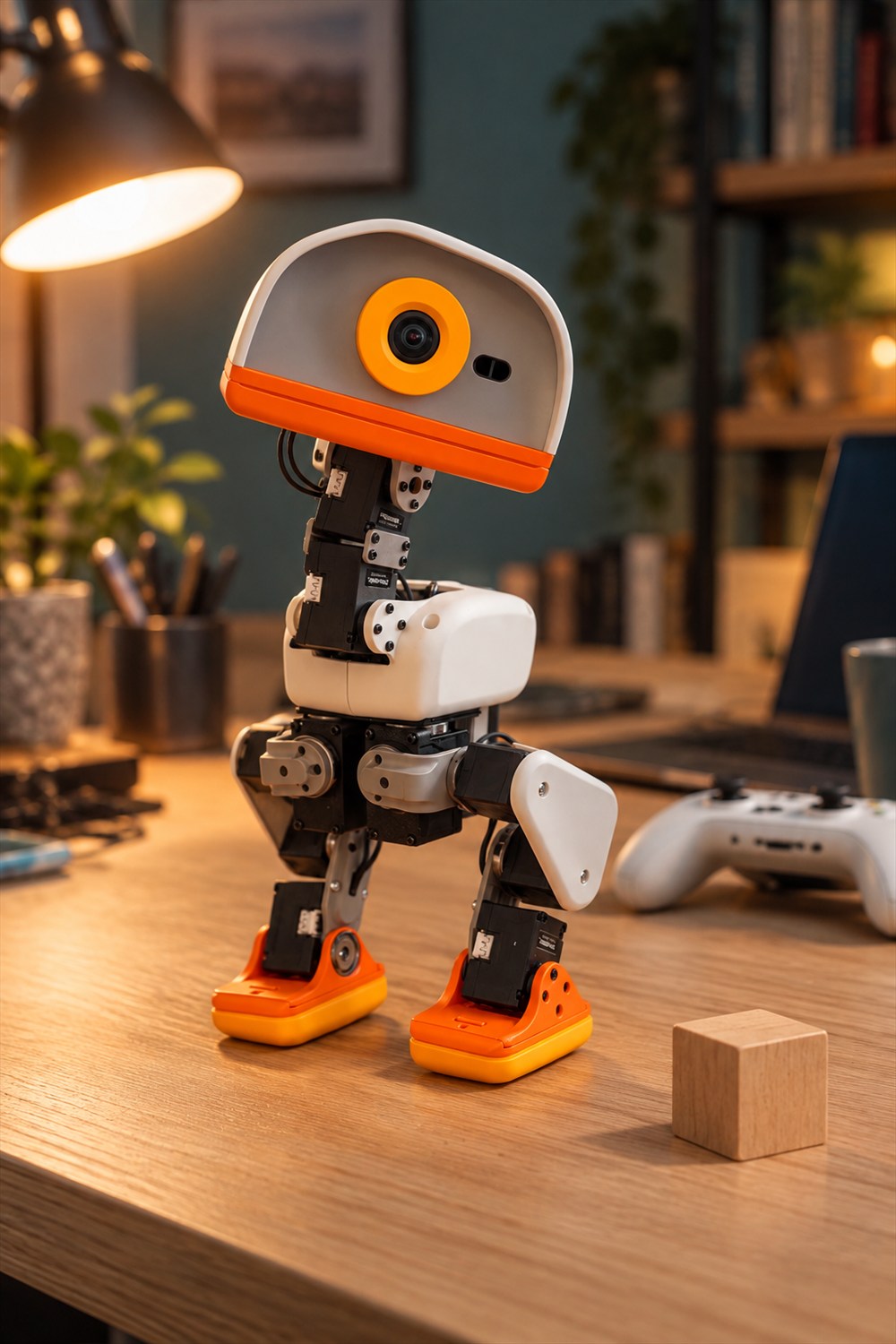 Cream and orange Microduck robot with a single camera eye, exposed articulated neck and two orange feet standing on an oak desk beside a wooden cube.