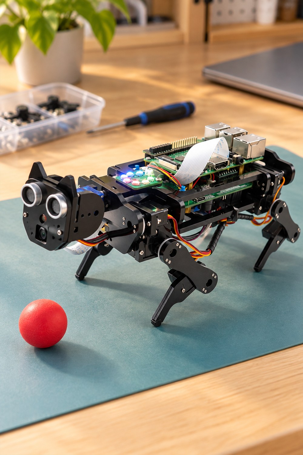 AI-generated visualization of an assembled FREENOVE robot dog with a separately purchased Raspberry Pi, exposed electronics, and ultrasonic sensors facing a red ball on a workbench mat.