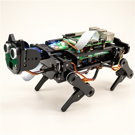 Assembled black robot dog with exposed boards and articulated legs
