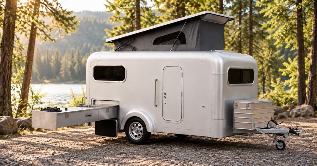 Lume Ranger silver caravan with pop-up roof and pull-out outdoor kitchen