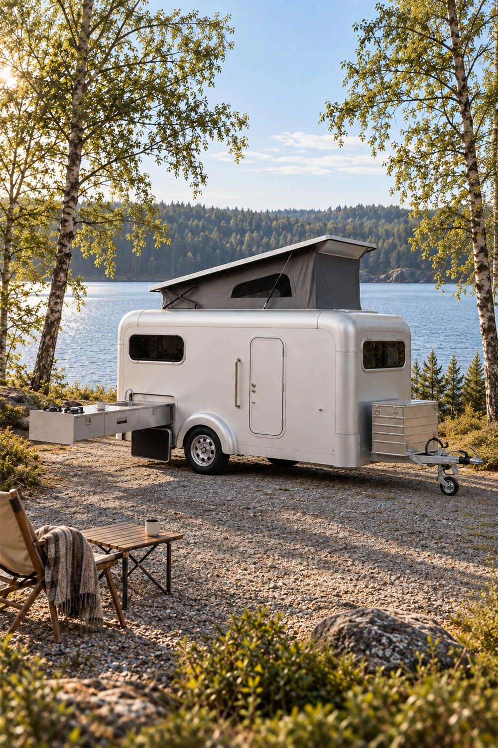 Silver Lume Ranger caravan with a raised wedge roof and extended outdoor kitchen at a lakeside campsite among birch trees.