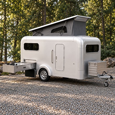 This Compact Caravan Slides Its Kitchen Outside and Keeps a Full-Time Bed Inside