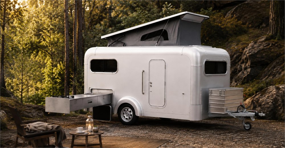 Lume Ranger aluminum caravan with raised roof and extended kitchen in a forest