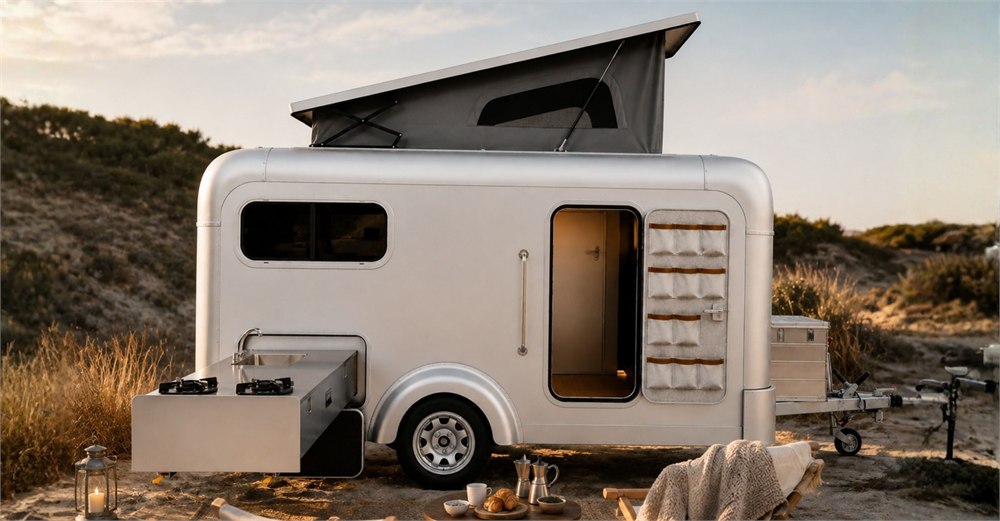 Ranger caravan with open door and outdoor kitchen at a sandy campsite