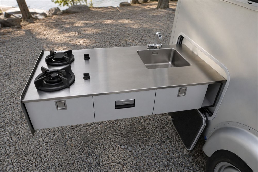 Ranger pull-out kitchen with two gas burners and a sink