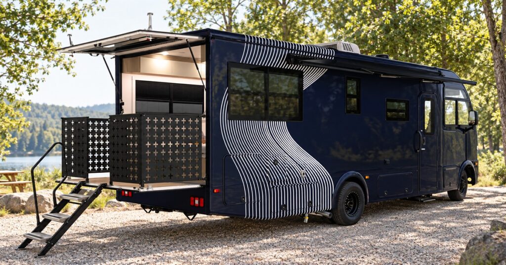 Coachmen Origin motorhome with an open rear deck at a campsite