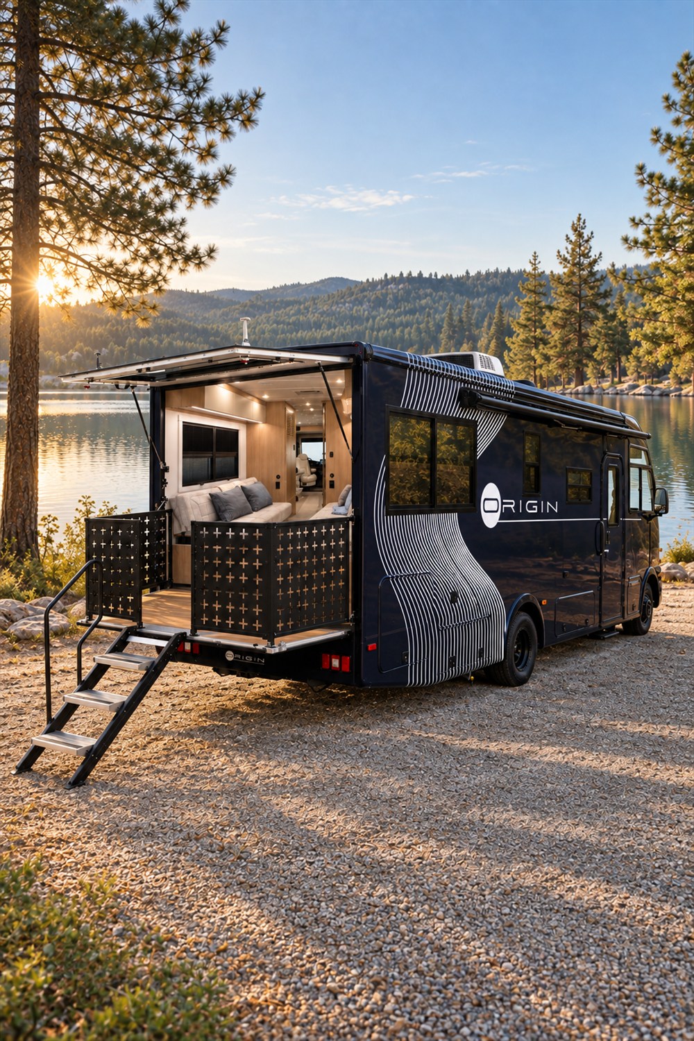 Navy Coachmen Origin motorhome beside a lake with its rear hatch raised, fold-down deck deployed, perforated railings and stairs leading to the gravel campsite.