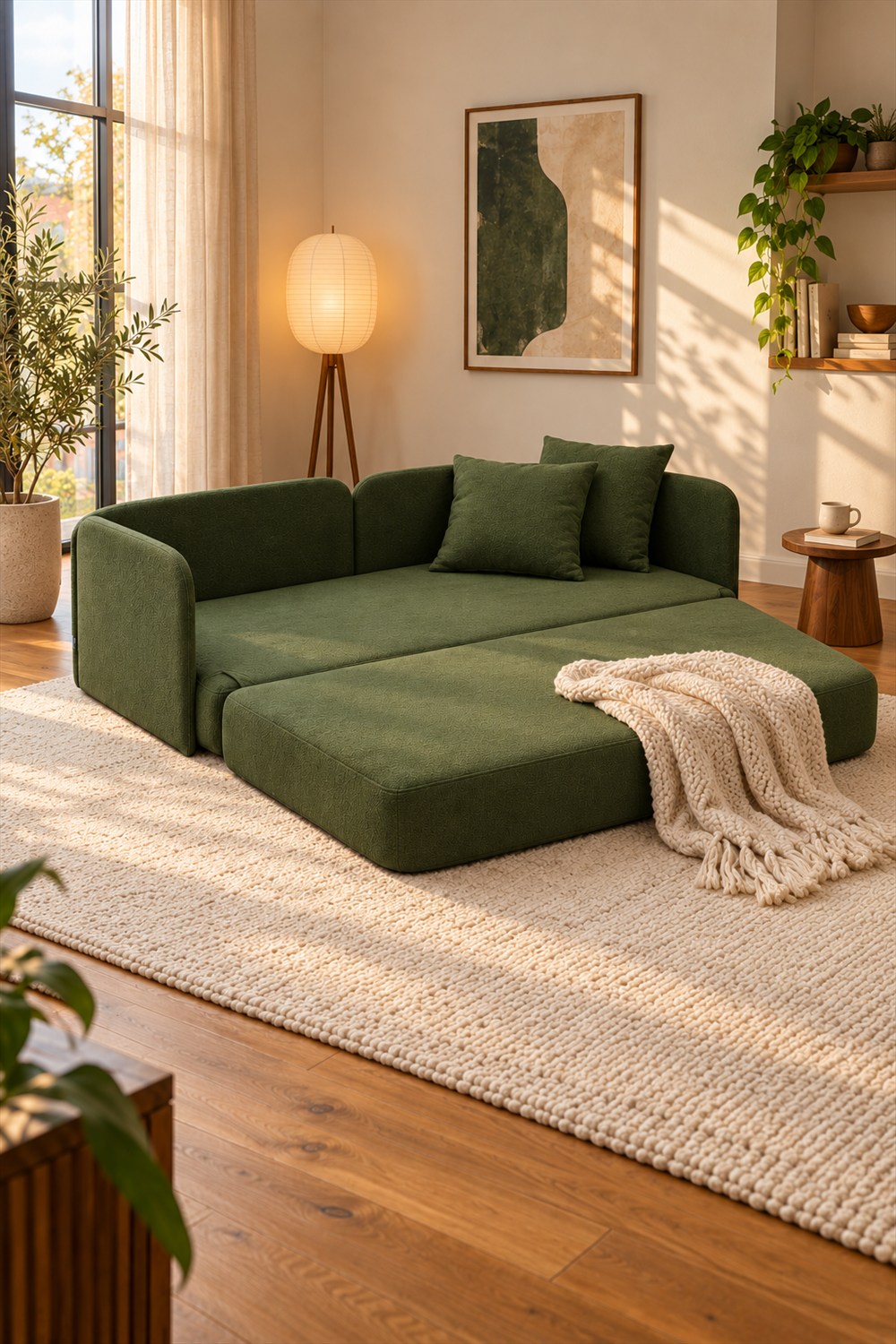 Forest green modular sofa rearranged into a low bed with two cushions and an ivory throw in a sunlit living room.