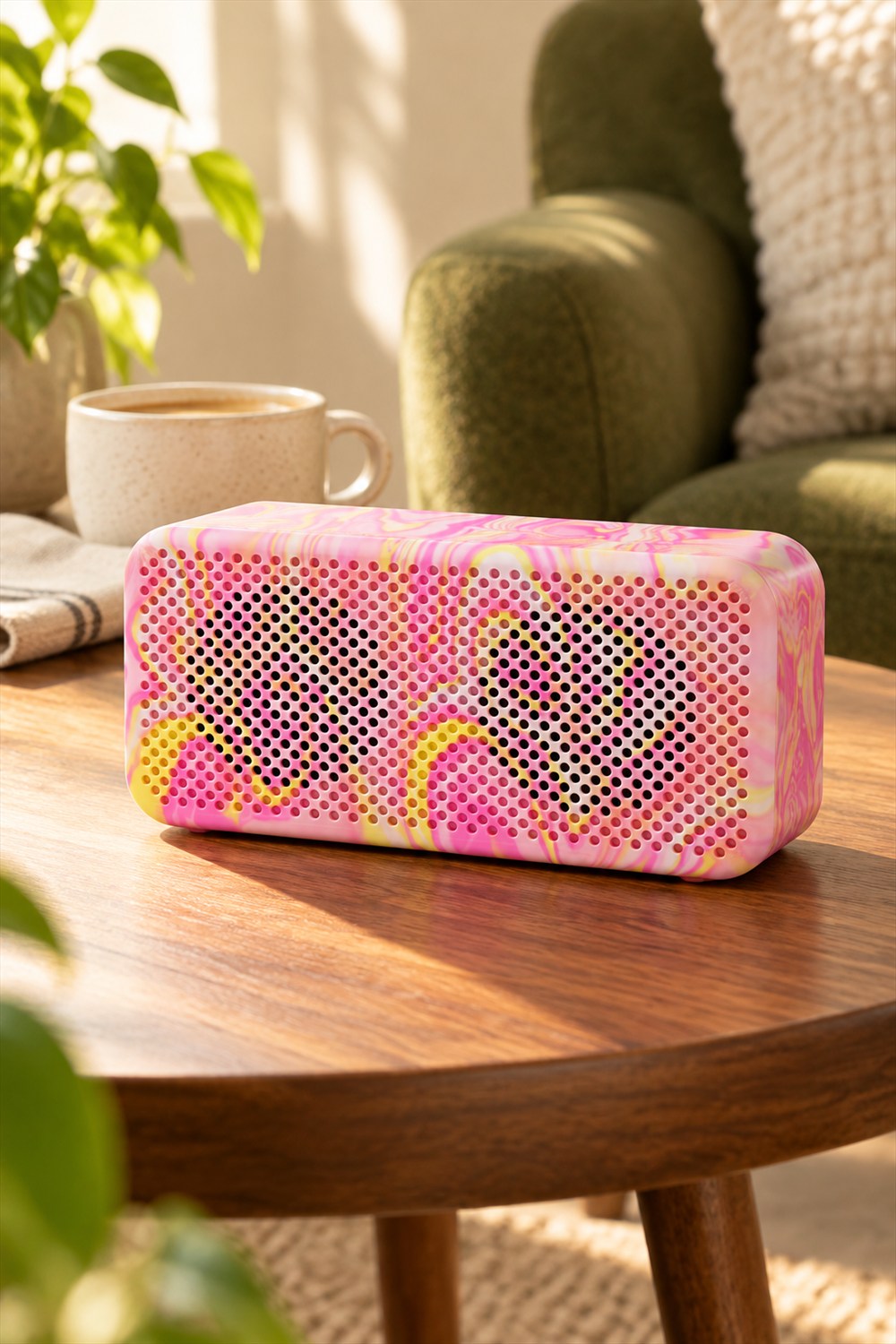 Pink and yellow marbled speaker with a perforated front on a wooden side table beside a coffee cup and green chair.
